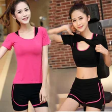 Женская спортивная одежда комплект, рубашки для бега шорты с короткими рукавами для фитнеса, йоги, бега жилет, рубашки для йоги шорты и бюстгальтер из трех частей