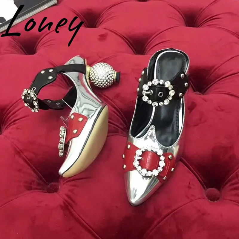 

Loney Brand New Genuine Leather Sexy Pointed Toe Summer Sandals Crystal Ball Heel HIgh Heels Shoes Women