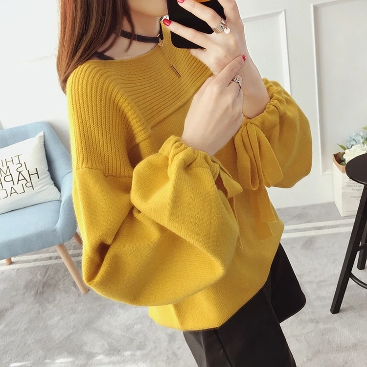 

Hot Sale Women Sweaters Autumn Winter Slash Neck Lantern Sleeve Pull Femme Solid Color Pullover Female Casual Knitted Sweater