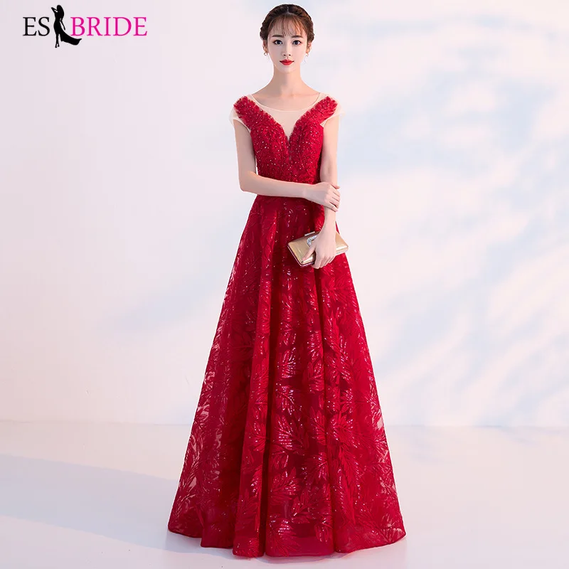 

Red Gorgeous Evening Dresses Fashion 2019 Elegant A-line V-neck Tulle Long Evening Party Dress for Wedding Party Dresses ES1519