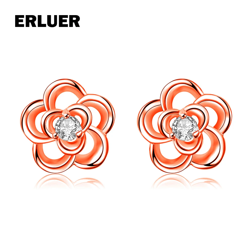 

ERLUER heat new fashion rose flower Rose gold/Silver color wedding crystal fashion stud earrings brand pendientes Birthday gift