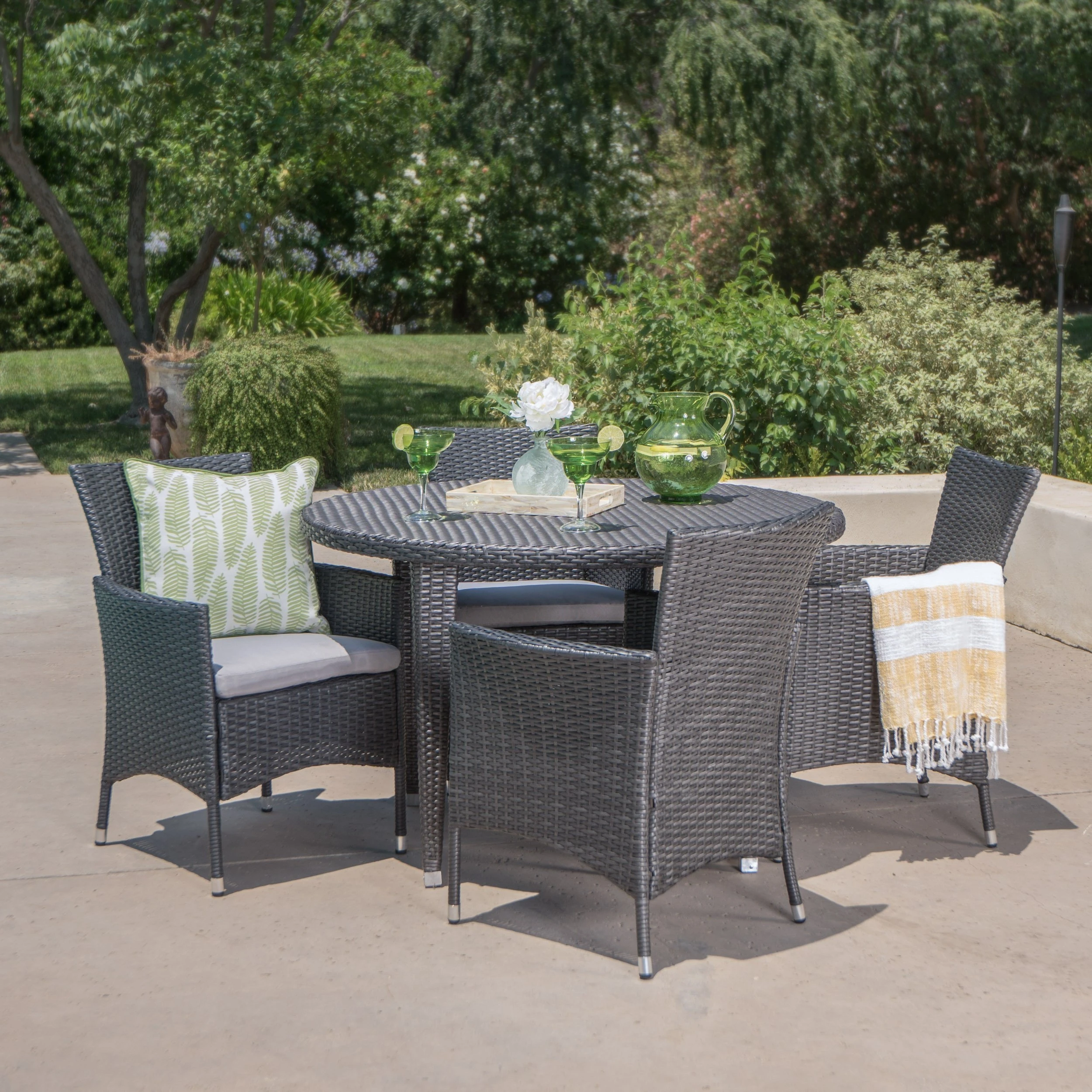 Portia Outdoor 5 Pc Wicker Round Dining Set w/ Water Resistant Cushions (3)