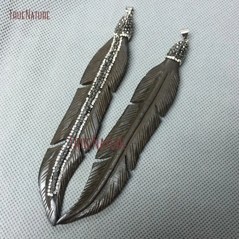 20181102-PM3084-Latest Ox Bone Pendant Gunmetal Rhinestone Pave Platinum Color Plated Feather Pendant_2