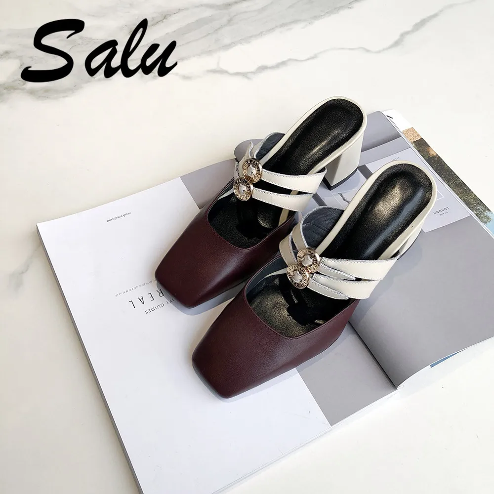 

Salu 2019 Brand Lady Women Sandals Handmade Genuine Leather Thick Heel Round Toe Party Wedding Fashion Shoes Women