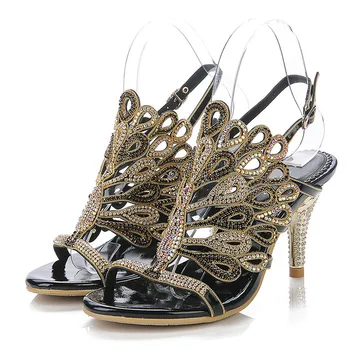 

2019 Summer Black Large Size Peacock Pattern Stiletto Sandals Openwork Rhinestone Sandals Buckle Open Toe High Heels 8CM