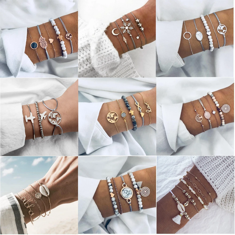 

2019 Vintage Bohemian Charm Bracelets Set For Women Turtle Earth Beads Multilayer Bracelet DIY Female Jewelry Drop Shipping