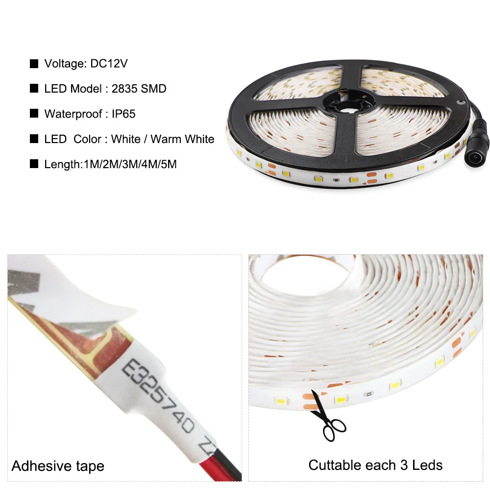 Excellux DC12V Светодиодные ленты движения Сенсор светильник Авто включения/выкл гибкий светодиодный клейкие ленты 1 м 2 м 3 м 4 м 5 м SMD2835 кровать светильник с Питание