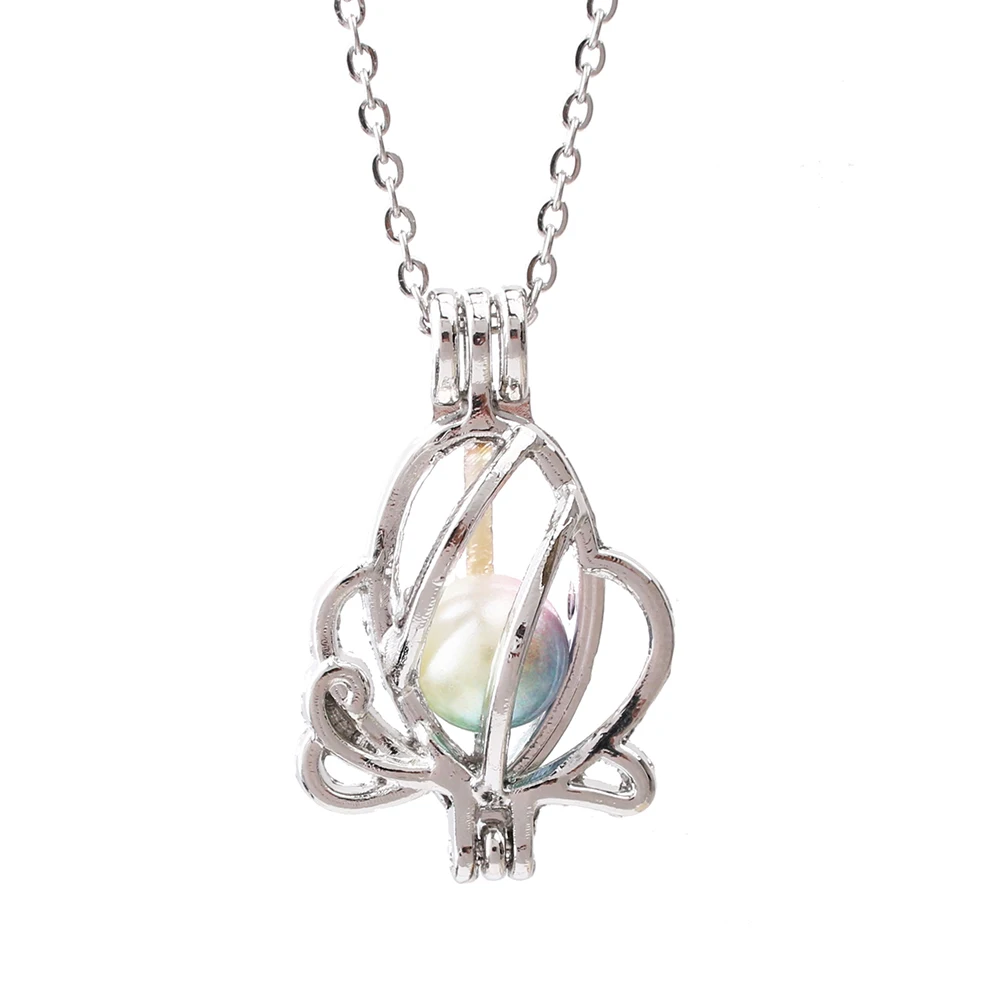 

1pc Silver Plated Color Flower Pearl Cage Pendant Necklace Jewelry Oyster Pearls Essential Oil Diffuser Lockets Fun Gift