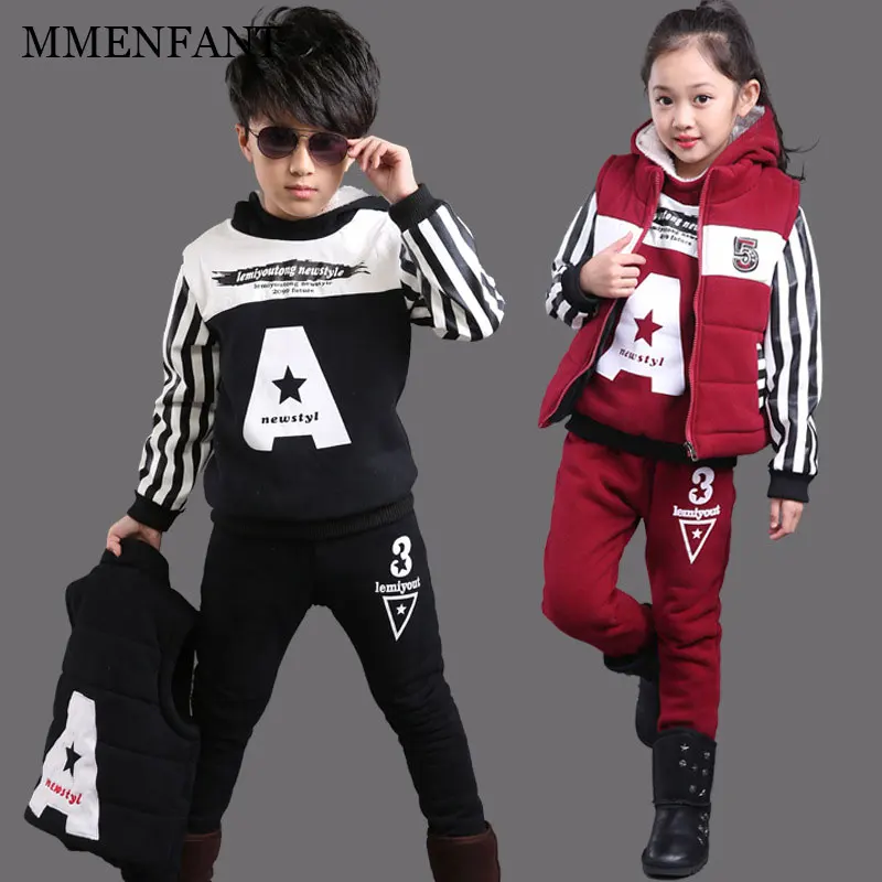 

Active style Children Sets boys and girls clothes 2017 winter cotton Plus velvet thickening Sweater+vest+pants kids sports suit