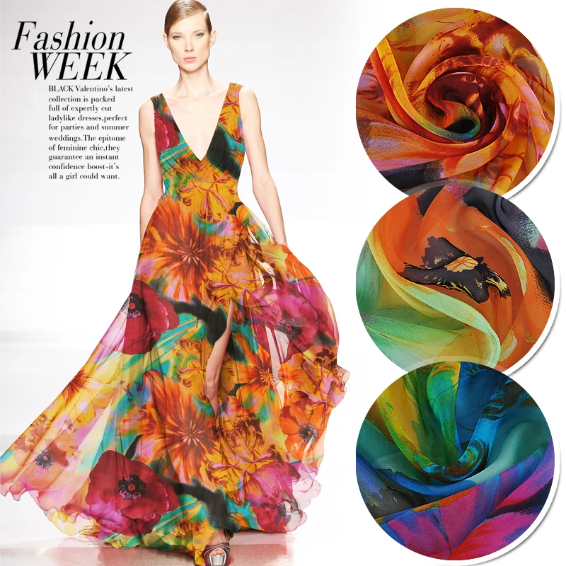 

By 1meter- colorful 100% Silk Chiffon Fabric Beach Dress Material 53"(135cm)wide