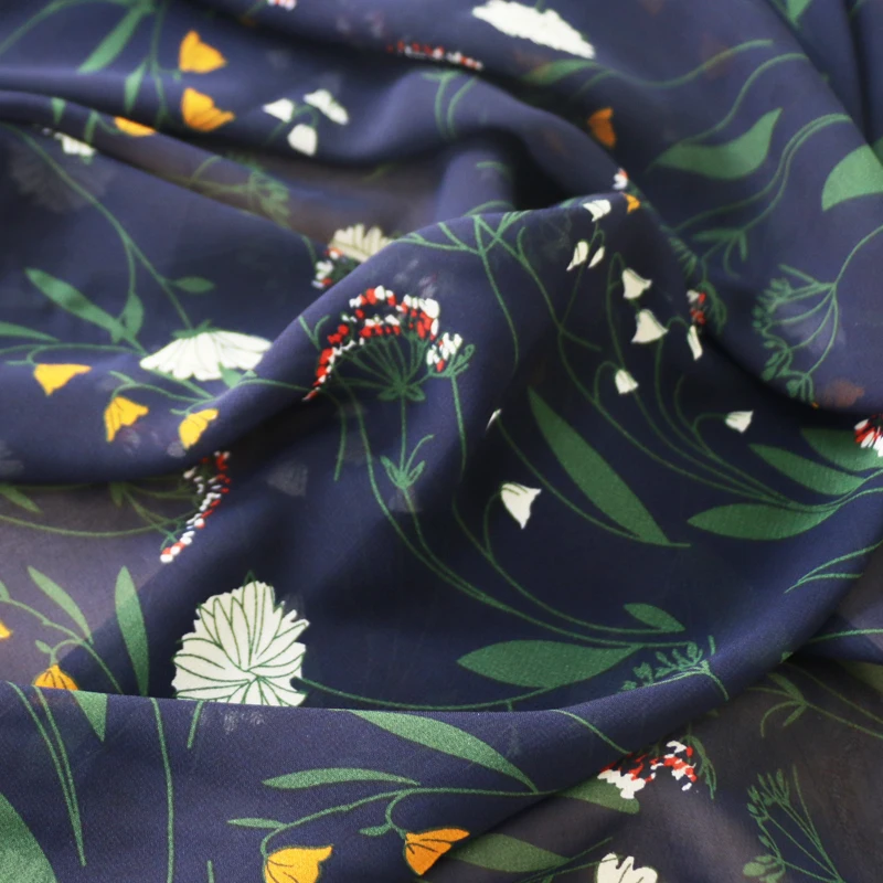 Deep navy elegant floral Textile Dress Fabric Chiffon
