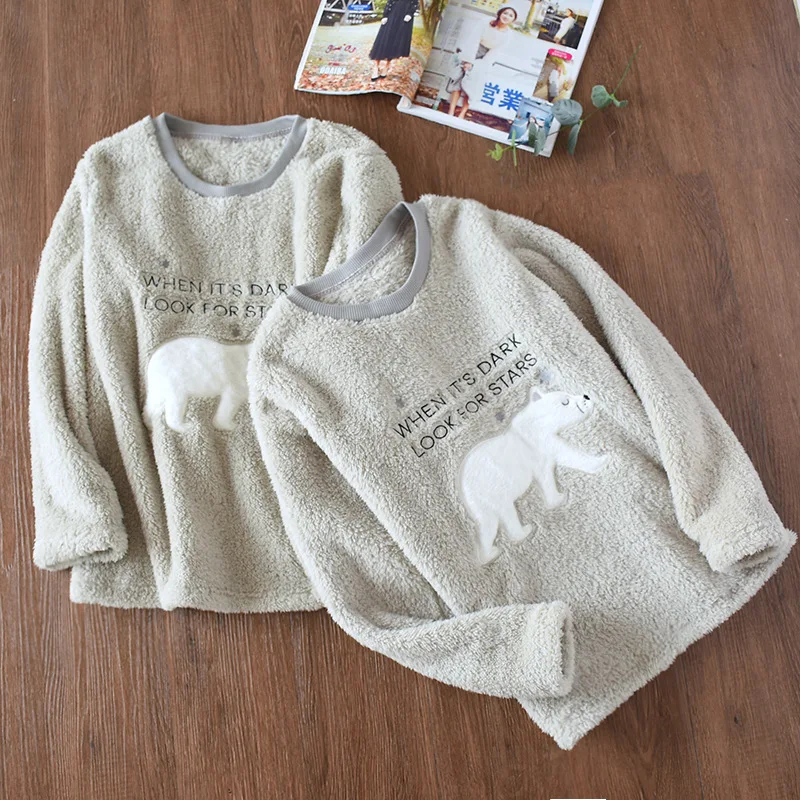 

Autumn and Winter Polar Bear Lovers' Sleepwear Women Warm Pajamas Men Flannel Thick Long Sleeve Sleep Tops Leisure Home Clothing