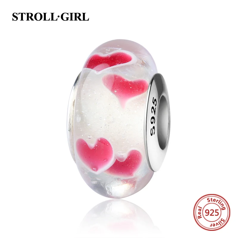 StrollGirl 925 silver sparkling Murano glass beads red color diy charms fit authentic pandora bracelet jewelry accessories gifts