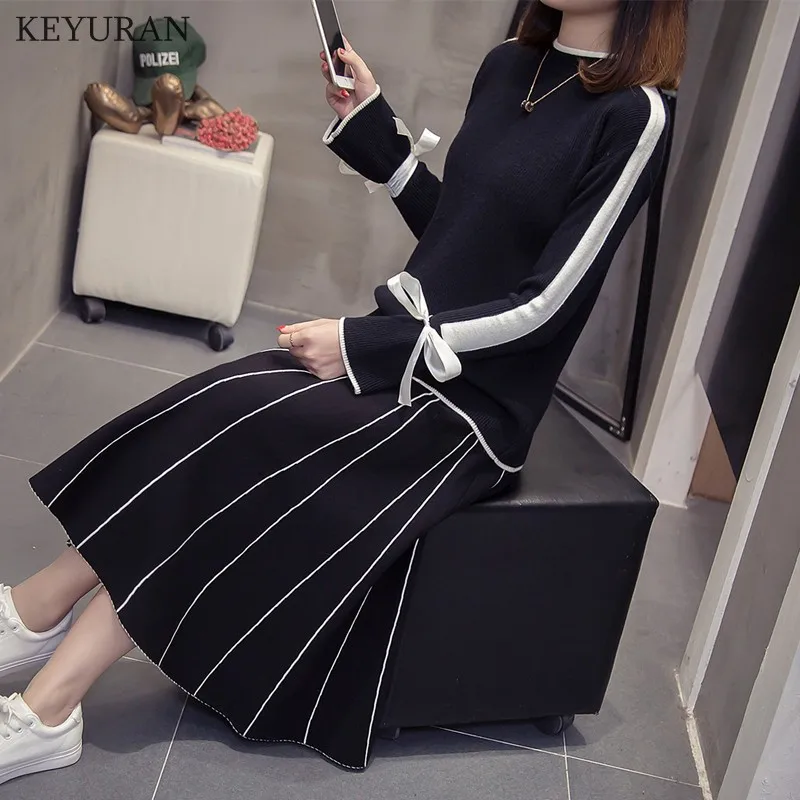 

Women Knit Sweater Two Pieces Set New Autumn Winter Lady Fashion Knitting Long sleeve Tops + Striped Pleaded Long Skirt Suits