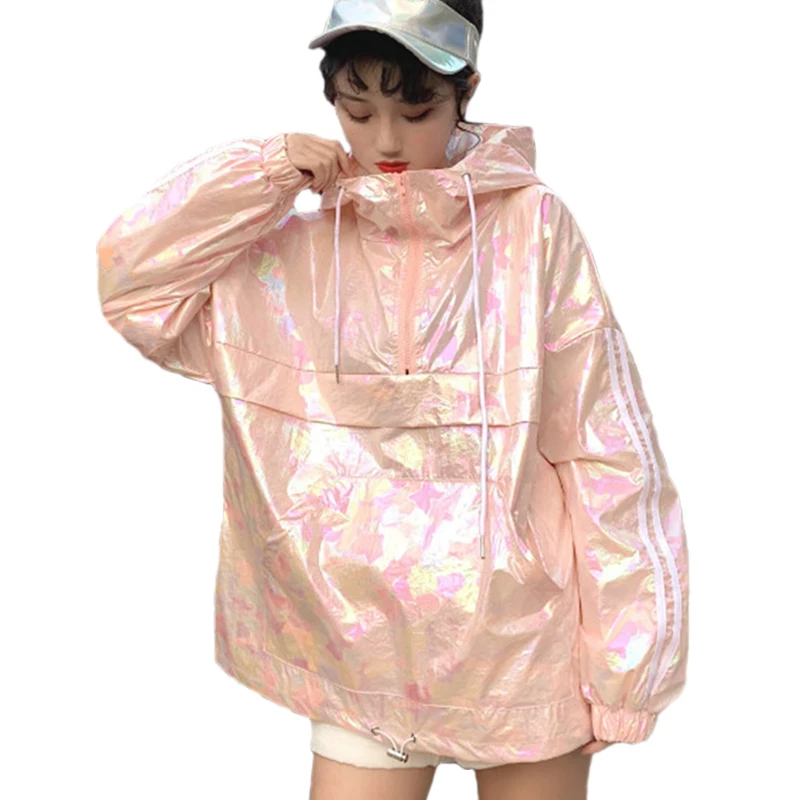 

2019 Harajuku Silver Summer Thin Jacket Plus Size Hip Hop Basic Coat Streetwear Hooded Bomber Jacket Women Windbreaker Coat