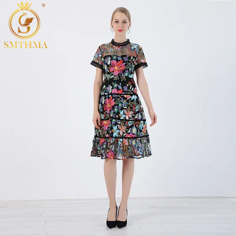 

New Fashion 2019 High quality luxury Runway Dress Women short sleeves summer clothes for women dress Mesh embroidery vestidos