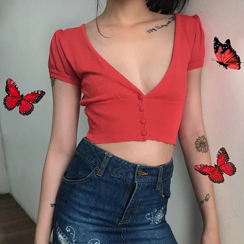 WannThis, короткий рукав, глубокий v-образный вырез, кроп-топы, Женская Сексуальная футболка, красная ребристая трикотажная летняя винтажная тонкая облегающая укороченная уличная одежда