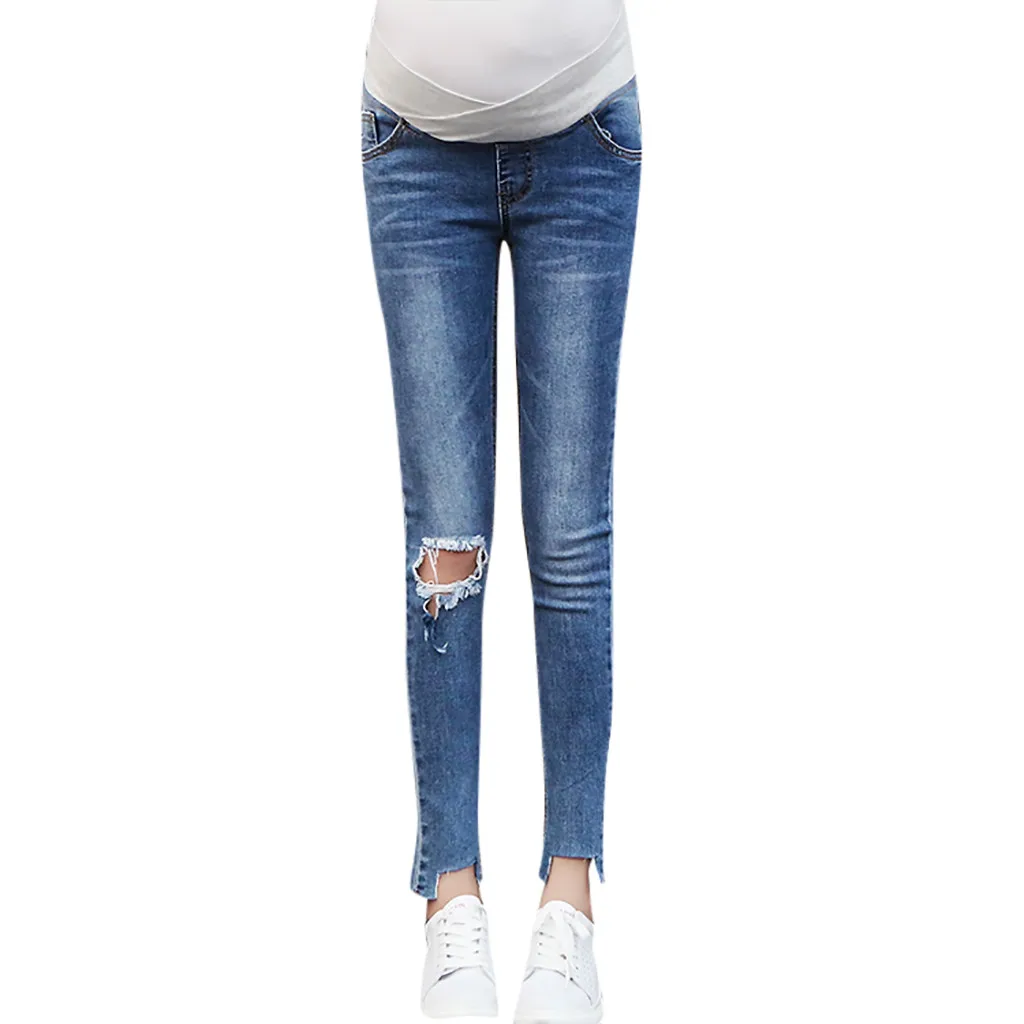 

Maternity Legging Jeans Denim Pregnant Prop Belly Pants Hole Jeans Pants Elastic Casual Women's Feet Stomach Lift Pants