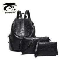 ZIWEIXING 2017 Mode Schwarz Alligator Rucksack Frauen Pu-leder Rucksäcke Für Teenager Schultaschen Weibliche Rucksack 3 Set der
