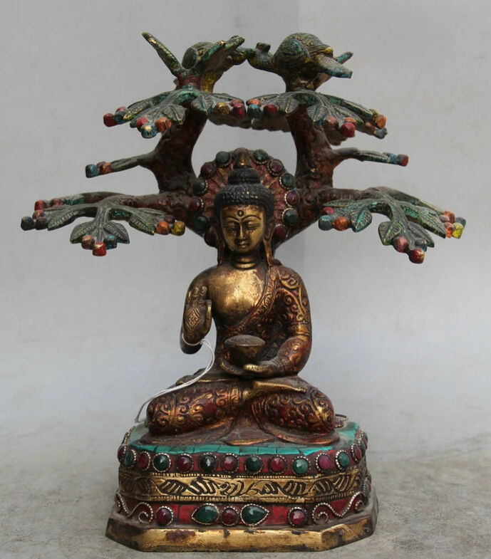 

S2083 10" Tibet Red Coral turquoise Bronze Gild Bird Shakyamuni Amitabha Buddha Statue D0318