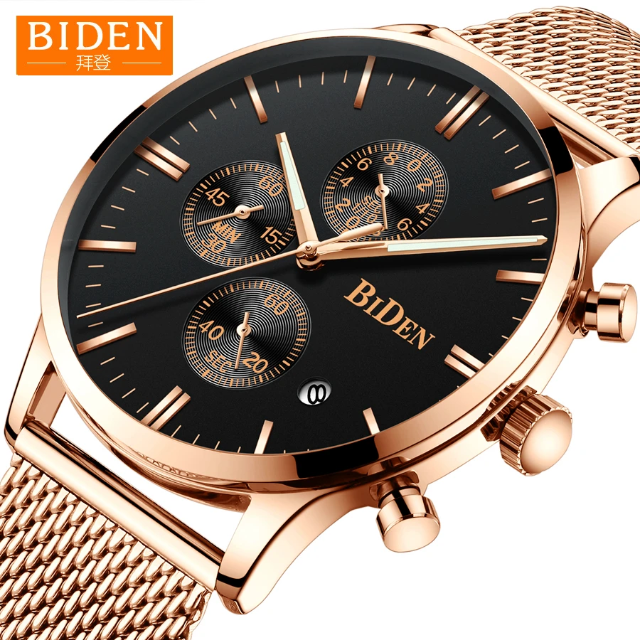 

Mens Watches BIDEN Top Brand Luxury Waterproof Ultra Thin Date Clock Male Steel Strap Casual Quartz Watch Men Sports Wrist Watch