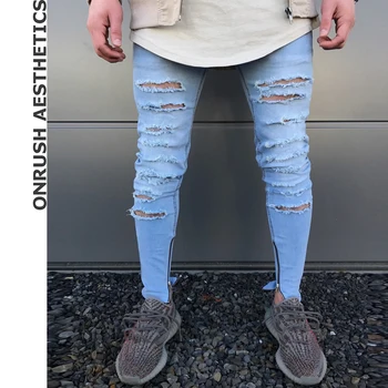 

OA Men's Casual Summer New Fashion Washed Skinny Jeans Light Colored Tight Pants Jeans With Knee Rips