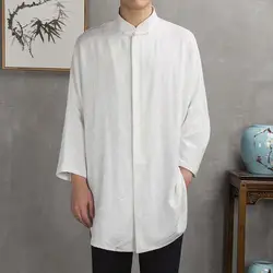 MRDONOO китайский стиль лен длинное платье для мужчин пластины пряжки Стенд воротник футболка с длинными рукавами жаккардовые Ретро хлоп