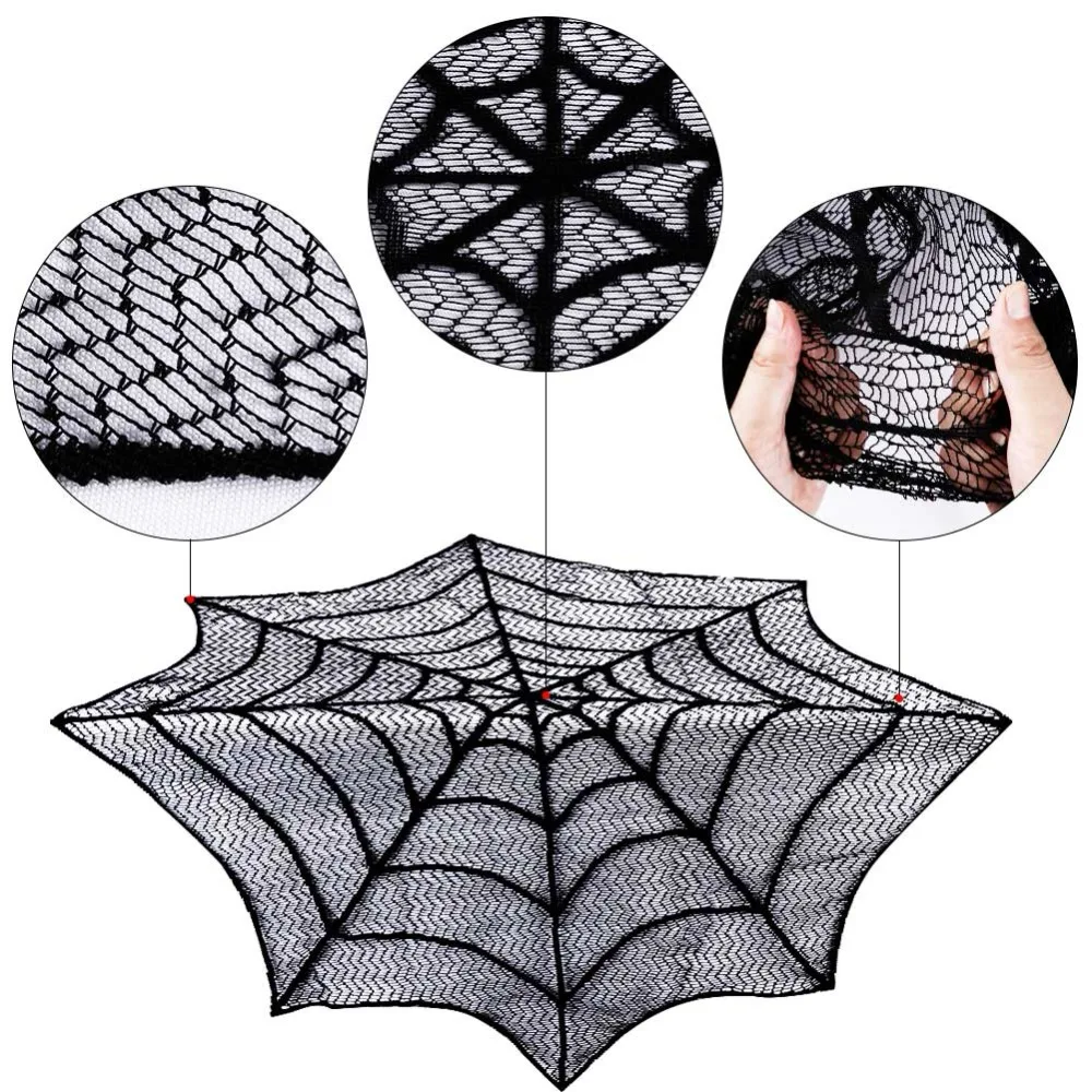 

OurWarm Halloween Lace Spider Web Fireplace Round Spider Web Tabletopper Themed Party Decoration Black Table Topper