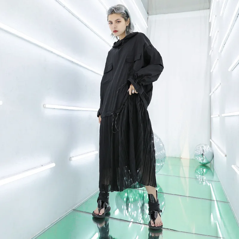 

Women Fashion Long Sleeve Oversized Loose Casual Spliced Pleated Dress Female Hip Hop Streetwear Punk Gothic Hooded Long Dresses