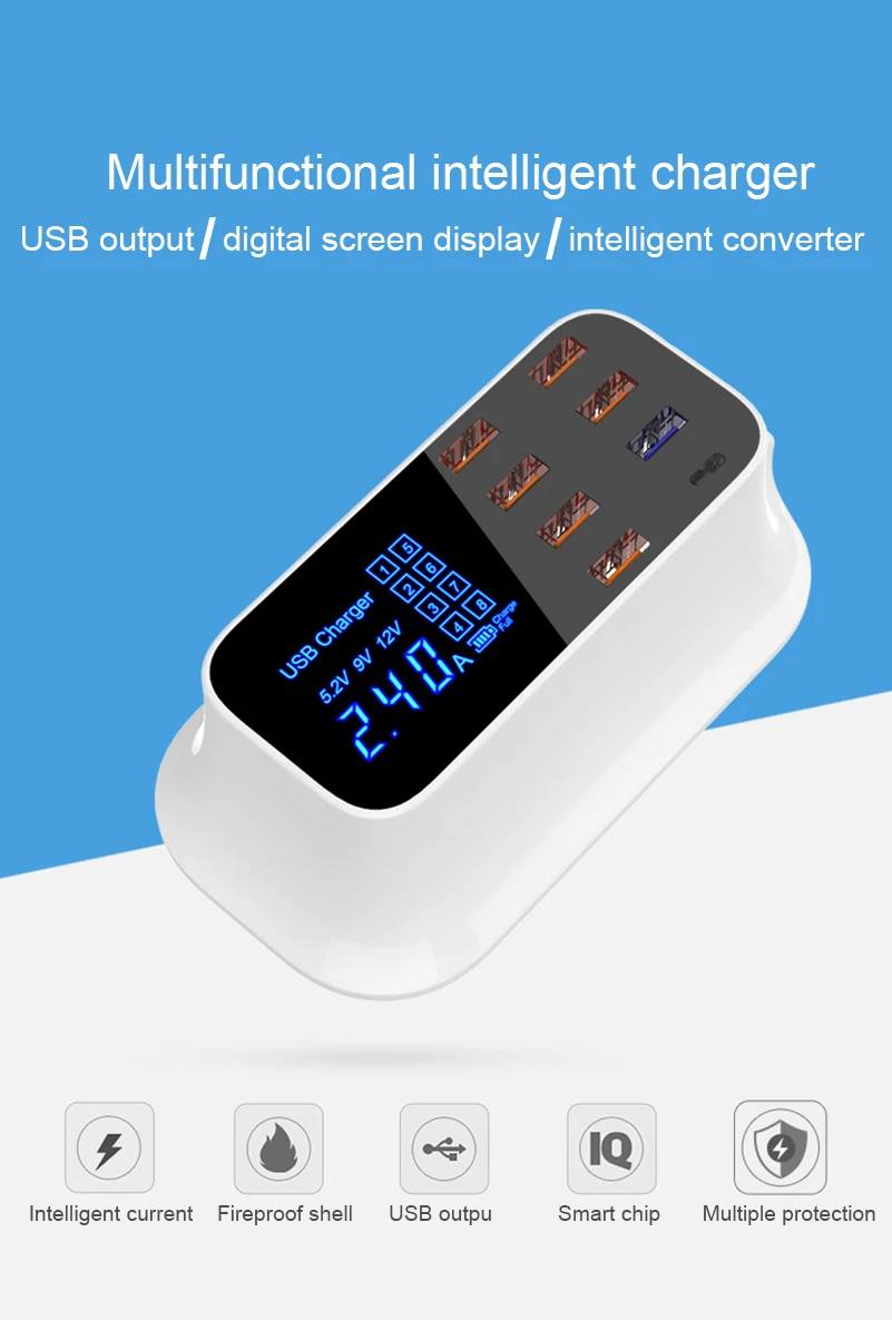 Quick Charge QC3.0 USB Type C Smart Charger Station Led Display Fast Charging 8 port Phone Tablet USB Charger Adapter with EU/US