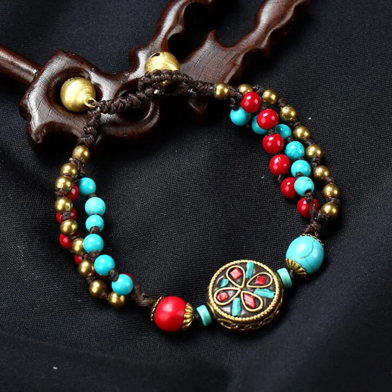 

WEIYU Handmade Tibet Nepal Charm Brass Beads Wax Friendship Bracelet Braided Wrap Bracelet Ethnic Boho Nepal Bracelet Jewelry