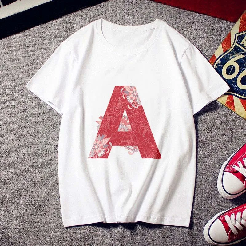 

Tshirt 26 patterns of English letters print T shirt Women Harajuku Thin Section Short sleeve T-shirt White Tops Female clothing