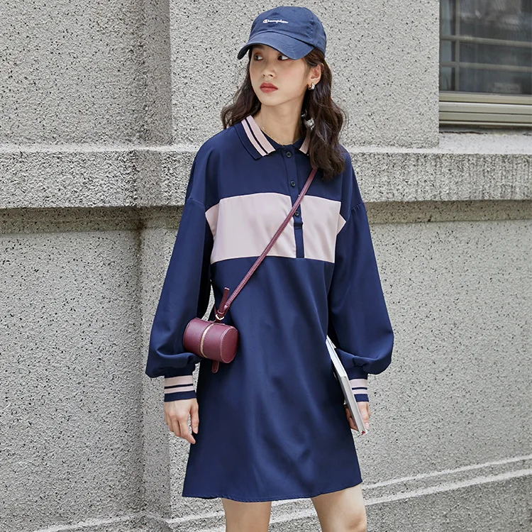 

Polo T Shirt Dress Women Long Sleeve Early Autumn Korean Loose Color Block POLO Collar Shirt Dress Knee Length Casual Dress