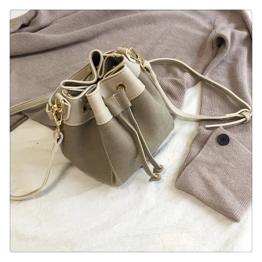 MJ Women Leather Handbags Vintage Suede PU Leather Crossbody Bag Drawstring Bucket Bag Female Small Messenger Bags Korean Style (17)