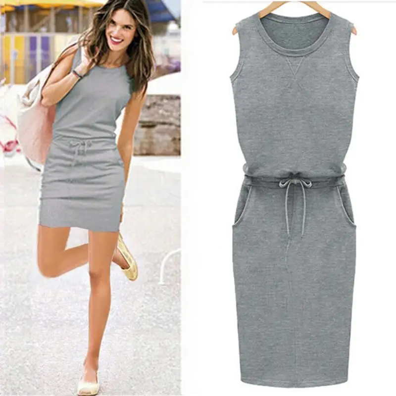 New Arrival fashion dresses summer dress for women O-neck sleeveless slim dress with belt