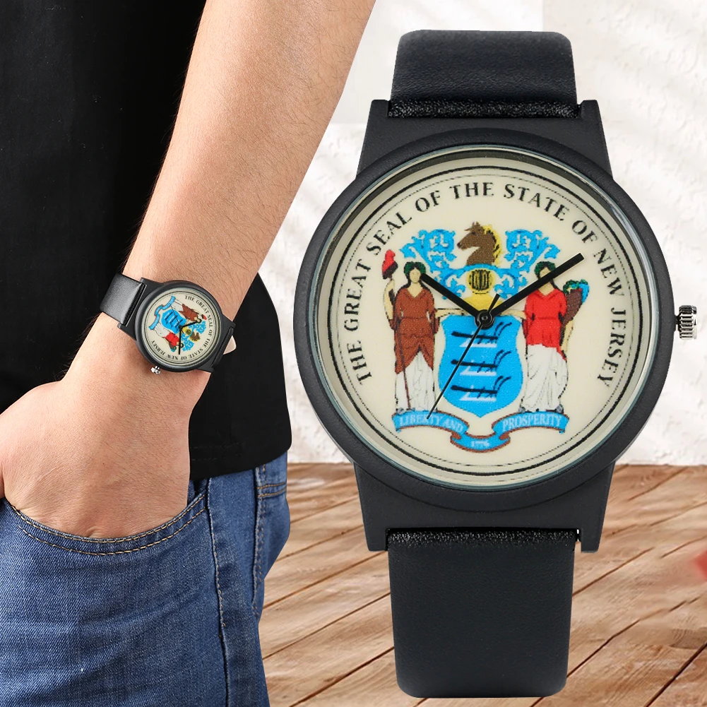 

Mans Classic Pin Buckle Quartz Analog Wristwatch Special New Jersey State Emblem Logo Watch Comfortable Black Leather Strap