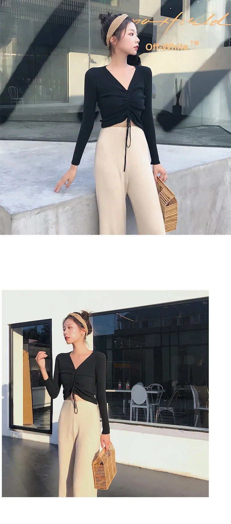 AOSSVIAO Sexy lace up knitting pullover top Fashion autumn winter sweater women Chic pink V-neck knit slim jumper pull femme