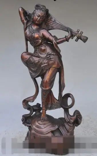 

S2916 9" Folk Chinese Pure Bronze Goddess Belle Beauty Fairy Musician Lute Pipa Statue
