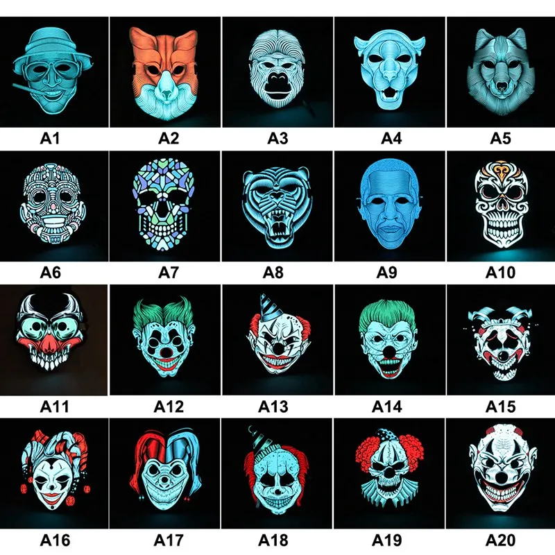 

Sound Control LED Face Mask Wolf demon clown rogue etc. Shape Glowing Scary Head Masks for Halloween Party Cosplay Costume