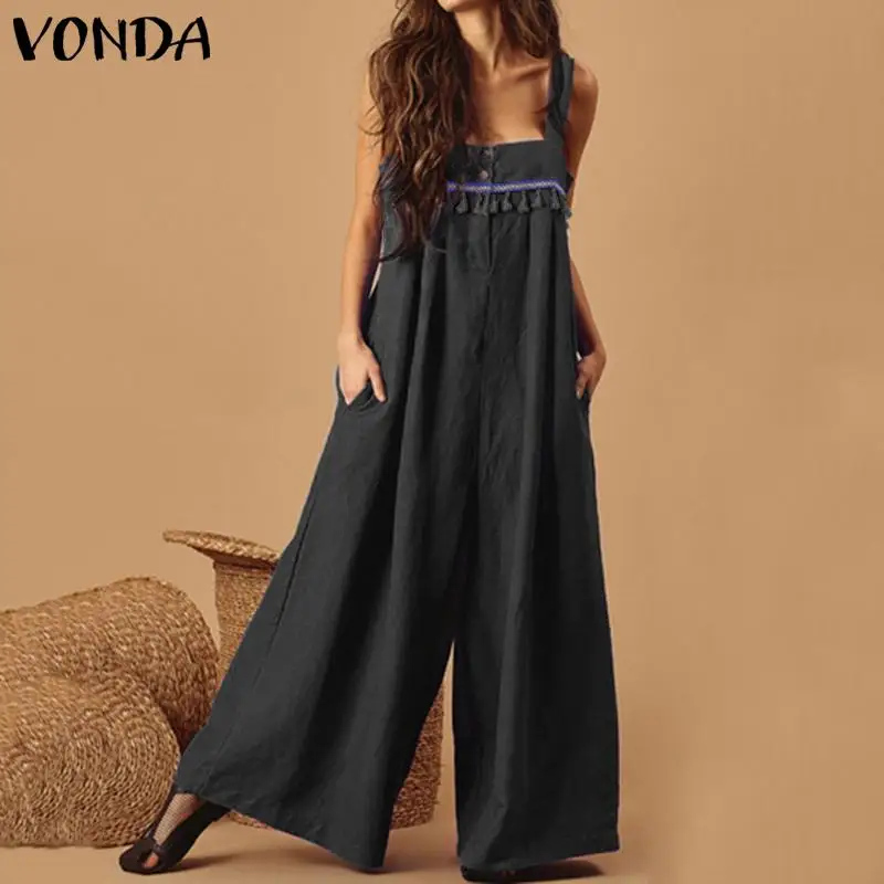 

Women's Playsuits 2019 VONDA Summer Sexy Sleeve Long Pants Vintage Rompers Womens Jumpsuit Loose Wide Leg Pants Plus Size