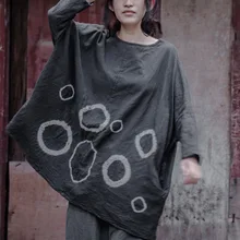 Дизайн хлопок и лен яркое ручная свободная футболка Для женщин модные хлопковые футболки Черный, серый цвет плюс Размеры N459