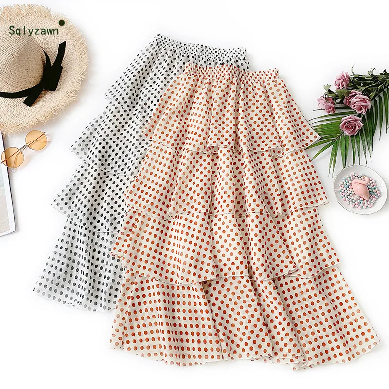 Милые женские туфли в горошек принты многоуровневые Слои тюля Шифоновая юбка в Корейском стиле, уличная футболка с оборкой, с высокой посадкой плиссированные юбки-пачки