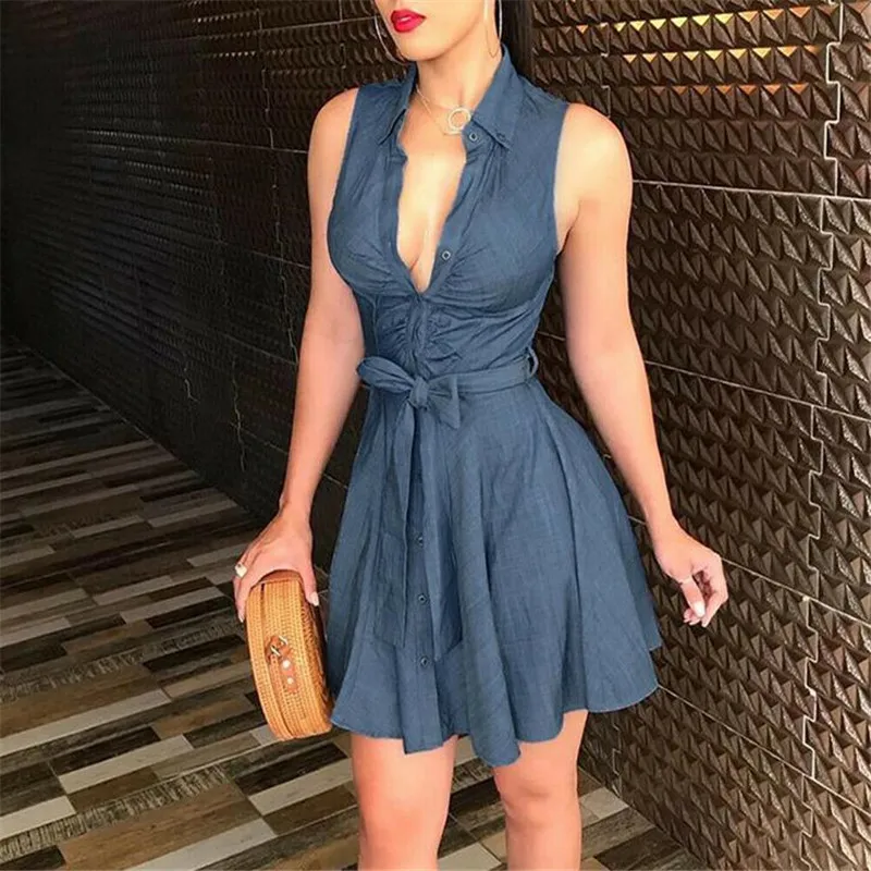 

UK Sexy Blue Women's Deep V Button Dress Short Sleeve Denim Mini Dress Ladies Button V Neck Summer Dress Femme