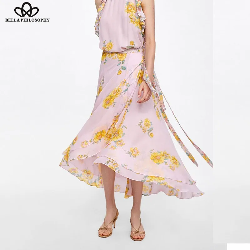 Wonder 2018 new summer chiffon women causal floral print one piece skirts bohemian asymmetrical ruffles wrap skirts bottoms