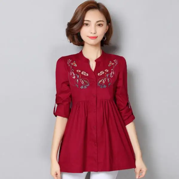 

Plus Size Women Blouses Fashion Vintage Floral Mebroisery Long Sleeve Stand Shirt Tops Loose Casual Blue Red Blouse LM124