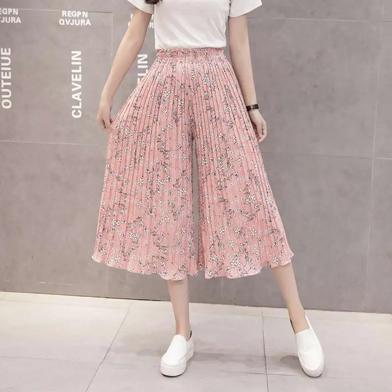 

Casual Pleated Floral Pants Women Girl Printed Chiffon Ruffles Female Wide Leg Pants High Waist Boho Summer New Cropped Pants