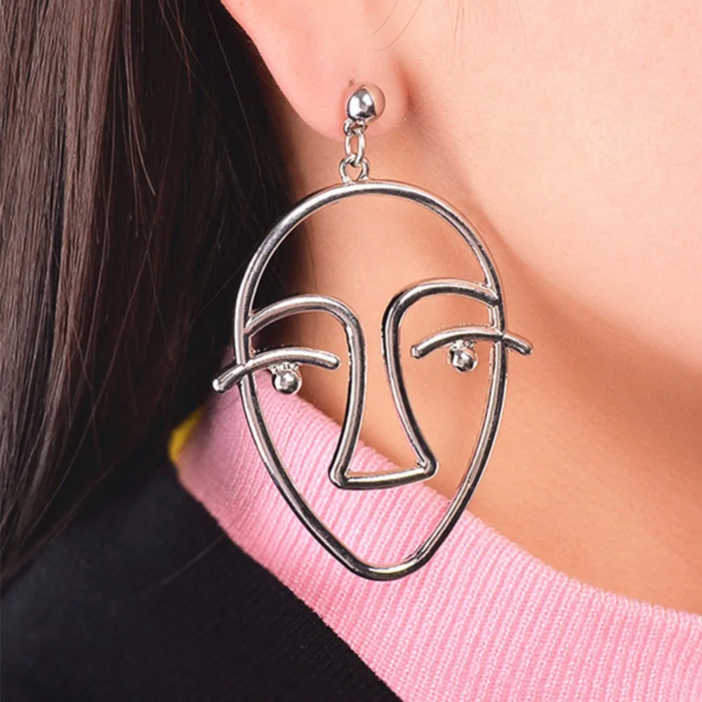 Funny Abstract Human Face Earrings Women Gold Color Metal Hollow Pearl
