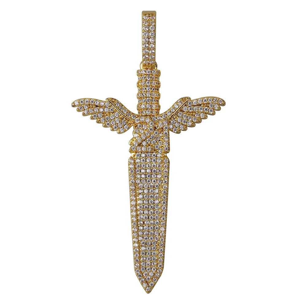

Iced Out Sword With Wings Pendant Necklace Mens/Women With Tennis Chain Bling Hip Hop Gold Silver Color Charm Chain Jewelry