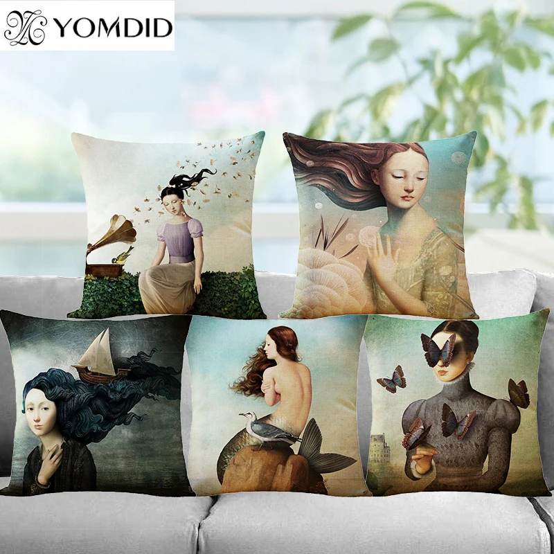 

Butterfly Girl Cotton Linen Cushion Cover Home Office Sofa Car Pillow Case Pillows Decorative Cushion Covers Pillowcase