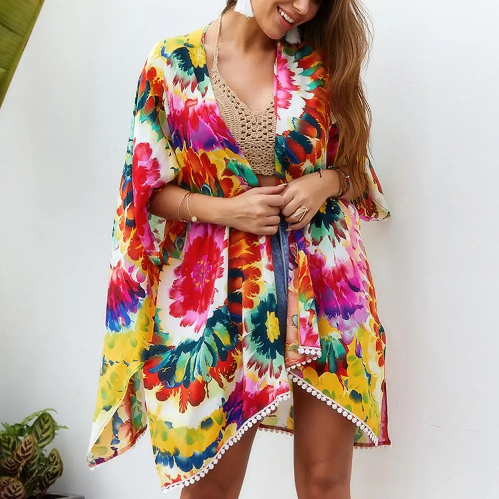 Plus Size Women Boho tops Floral 3/4 Sleeve Sun Protection Beach Summer slash neck Tops high quality new fashion |